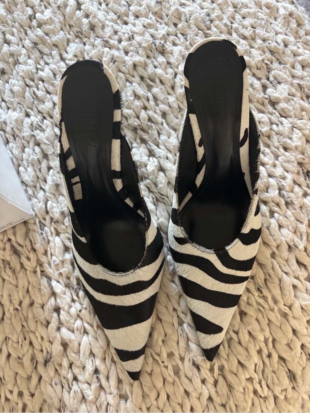 SCHUTZ Black and White Zebra-Print Heeled Pointed Toe Mule